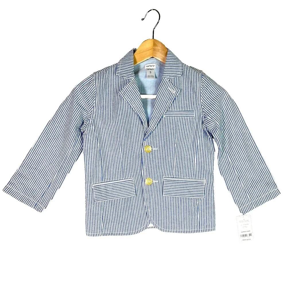Carter's Little Boys 5 Seersucker Blazer Blue White Pinstripe Wedding Old Money
